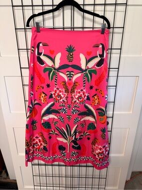 Bright Pink Tropical Print Midi Skirt